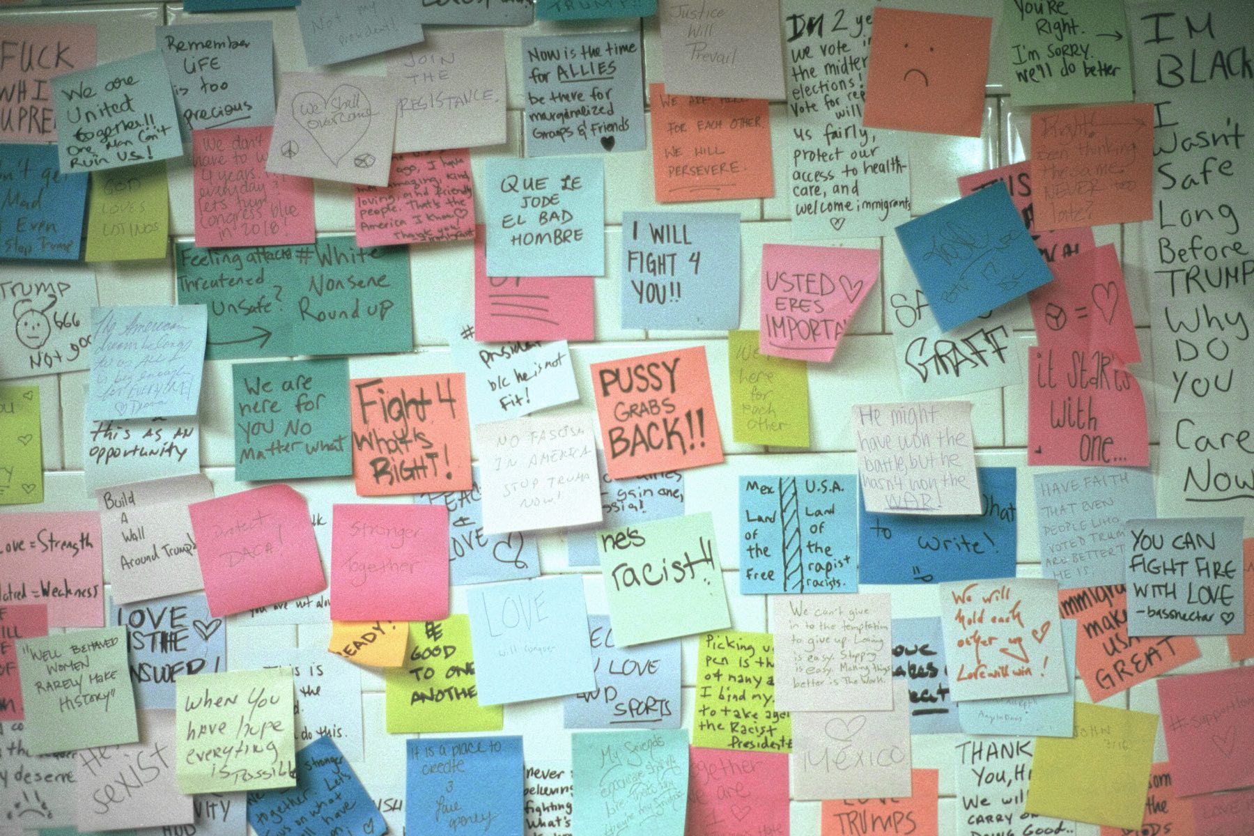 Post-It Notes from Trump protesters in seen in the New York City subway.