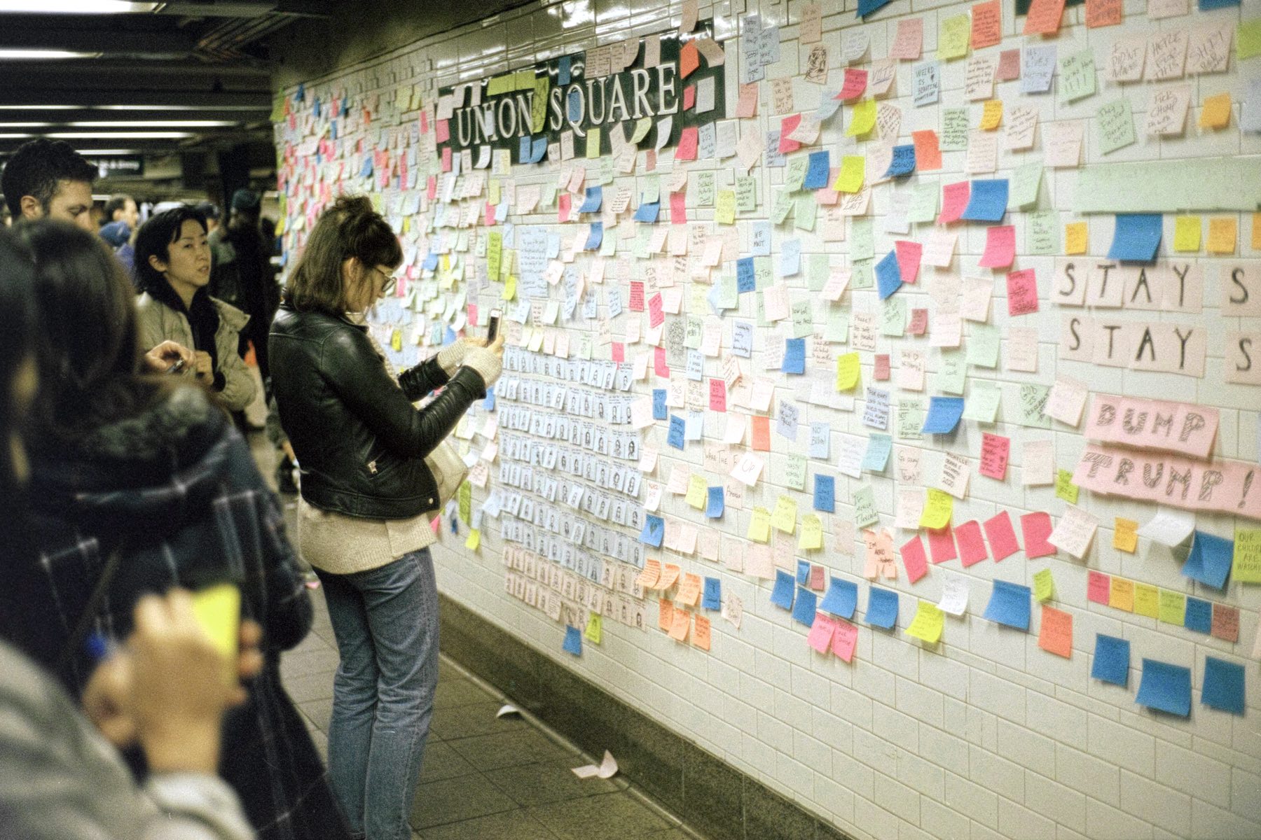 Post-It Notes from Trump protesters in seen in the New York City subway.